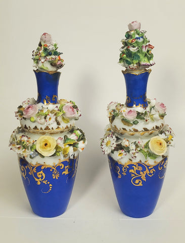 Jacob Petit - Antique Pair of Porcelain Flower Encrusted Scent Bottles With Stoppers
