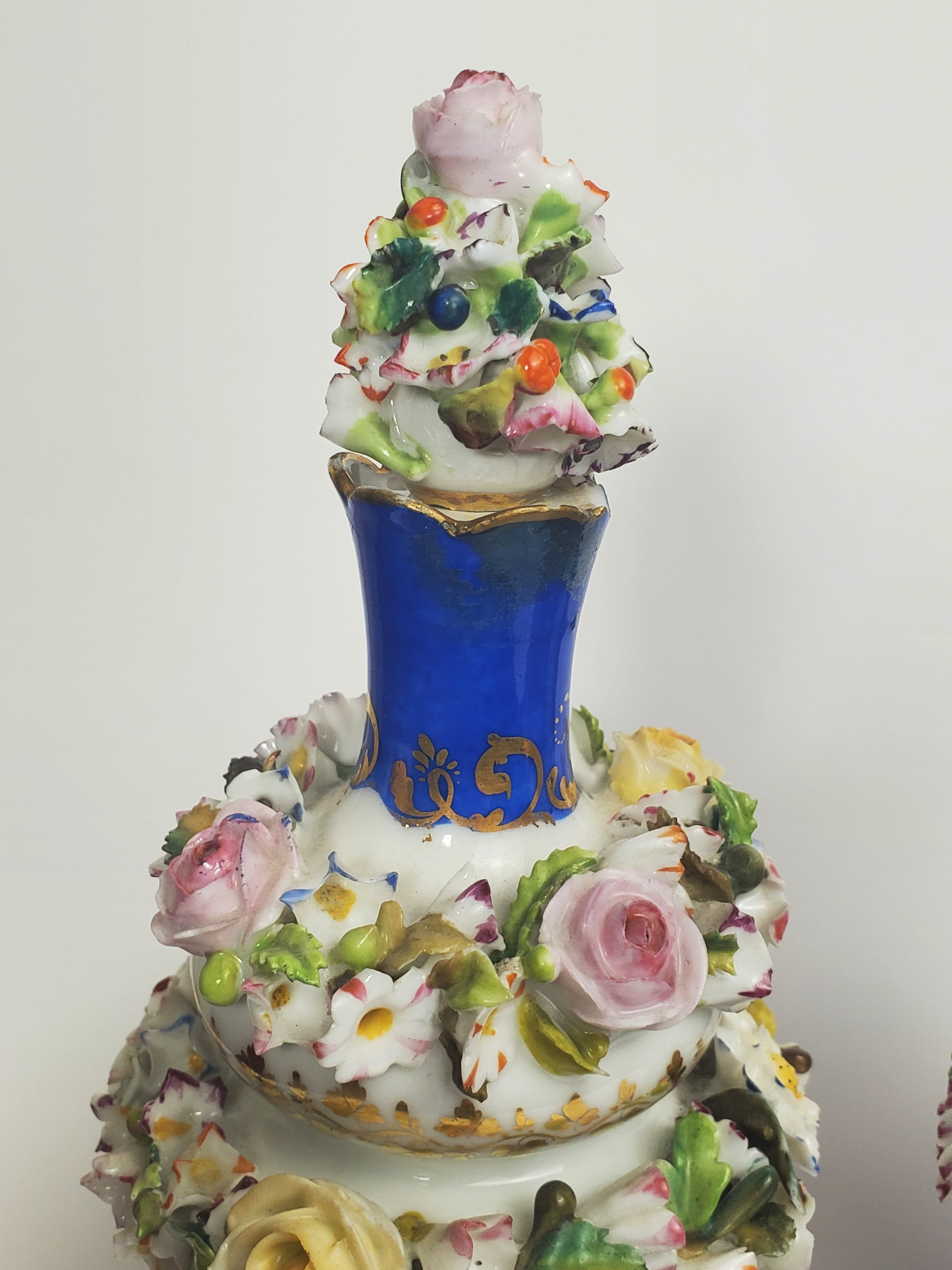 Jacob Petit - Antique Pair of Porcelain Flower Encrusted Scent Bottles With Stoppers