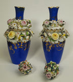 Jacob Petit - Antique Pair of Porcelain Flower Encrusted Scent Bottles With Stoppers