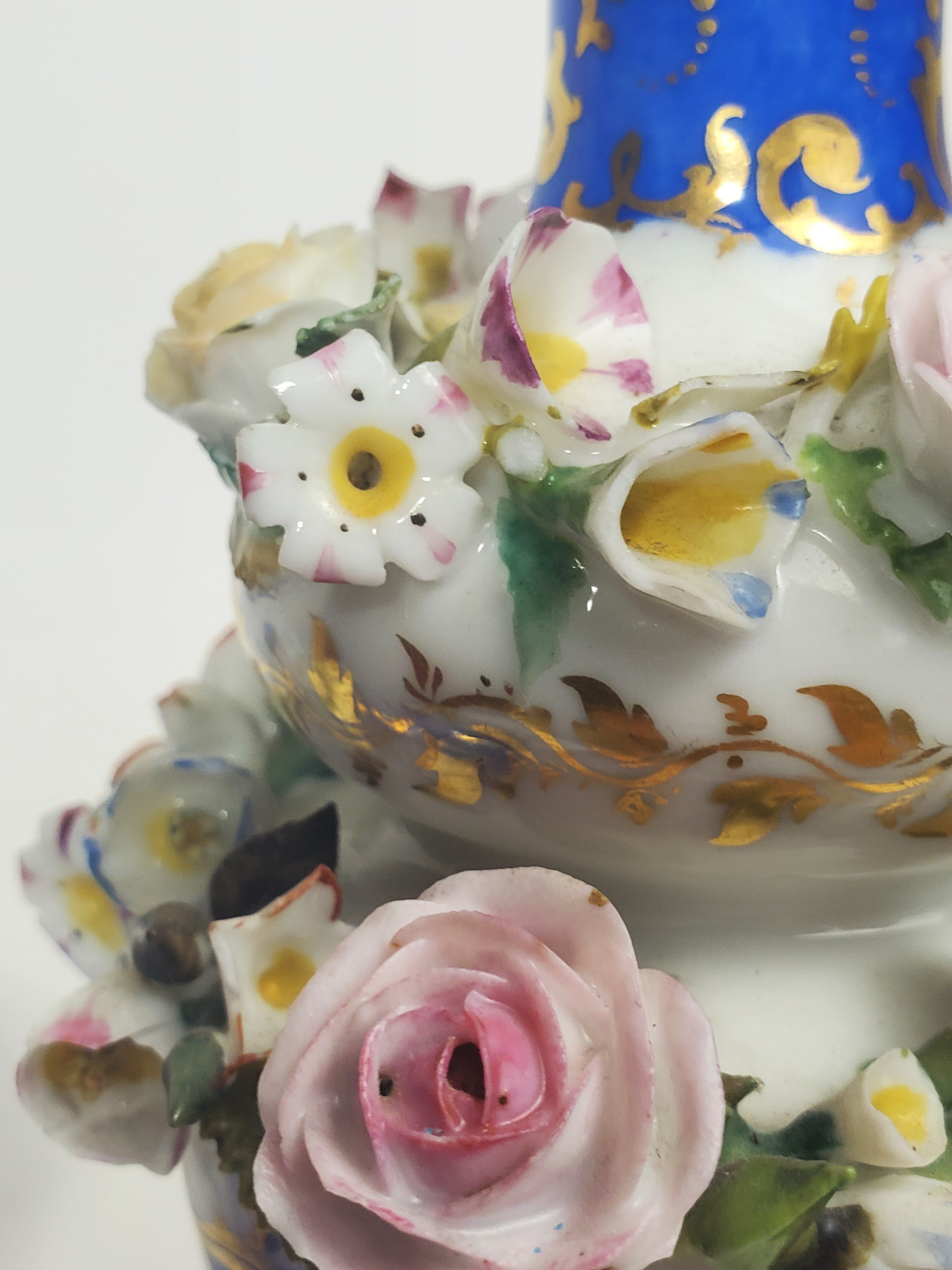 Jacob Petit - Antique Pair of Porcelain Flower Encrusted Scent Bottles With Stoppers