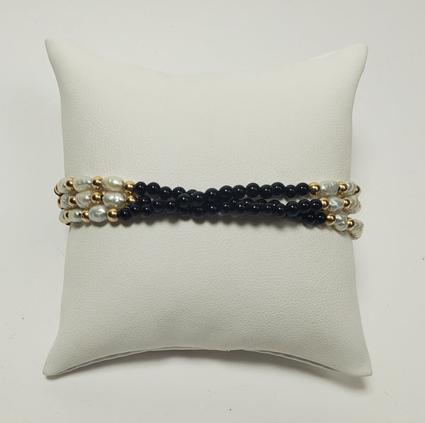 Triple Strand Freshwater Pearls, 14k Gold and Black Onyx Beaded Bracelet
