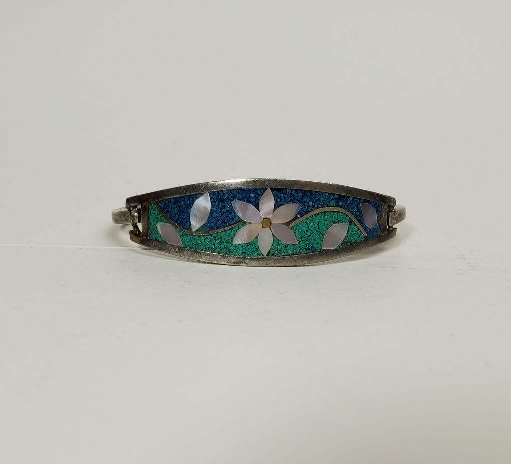 Vintage Floral Inlaid Hinged Bangle Bracelet