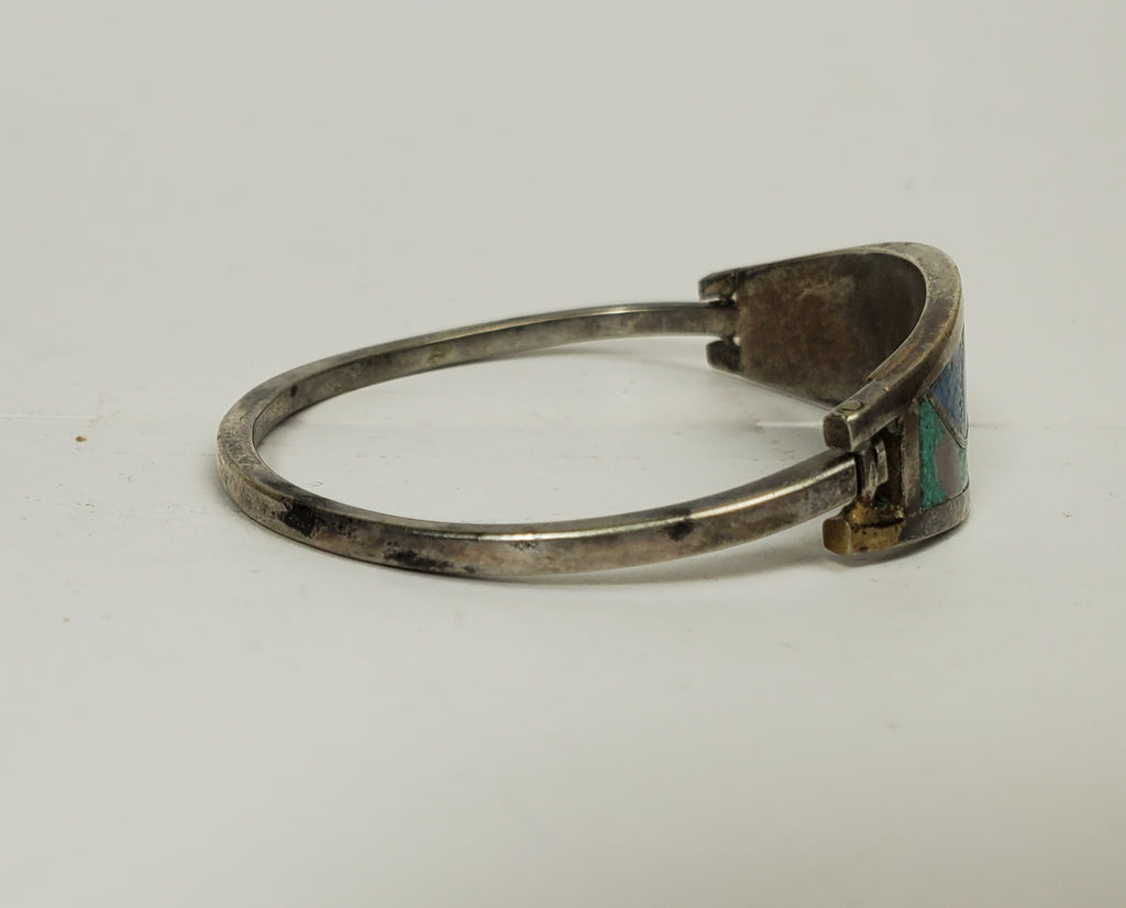 Vintage Floral Inlaid Hinged Bangle Bracelet