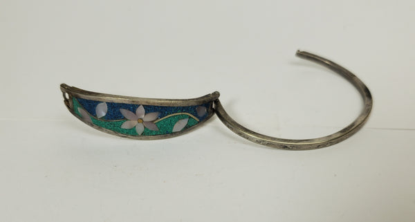 Vintage Floral Inlaid Hinged Bangle Bracelet