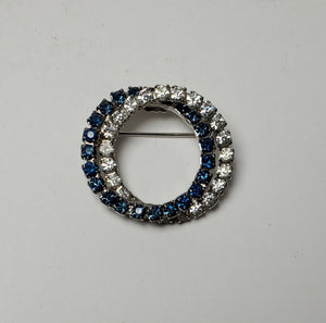 Vintage Silver Hoops Brooch with Clear and Blue Crystals