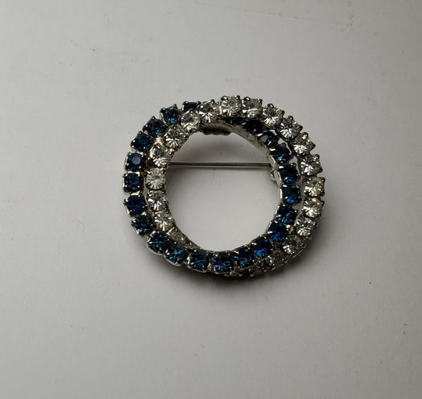 Vintage Silver Hoops Brooch with Clear and Blue Crystals