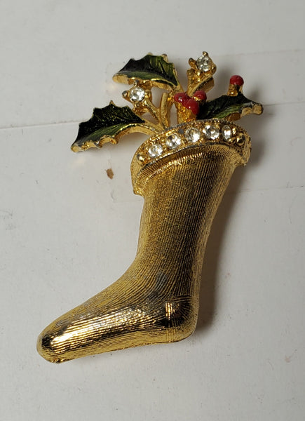 Vintage Gold Tone Christmas Stocking Brooch