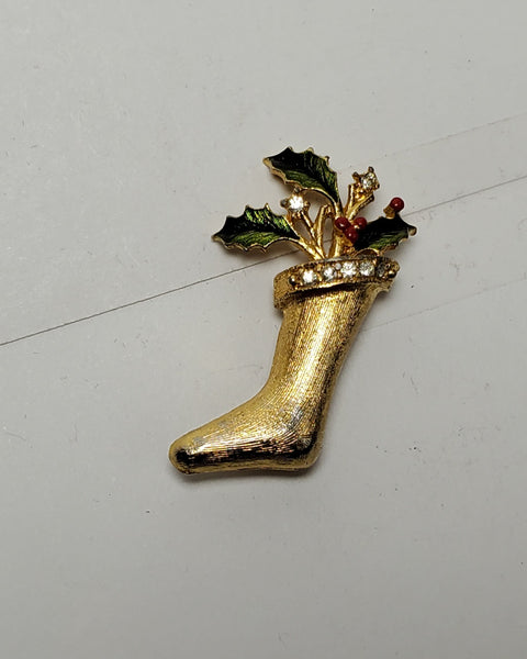 Vintage Gold Tone Christmas Stocking Brooch