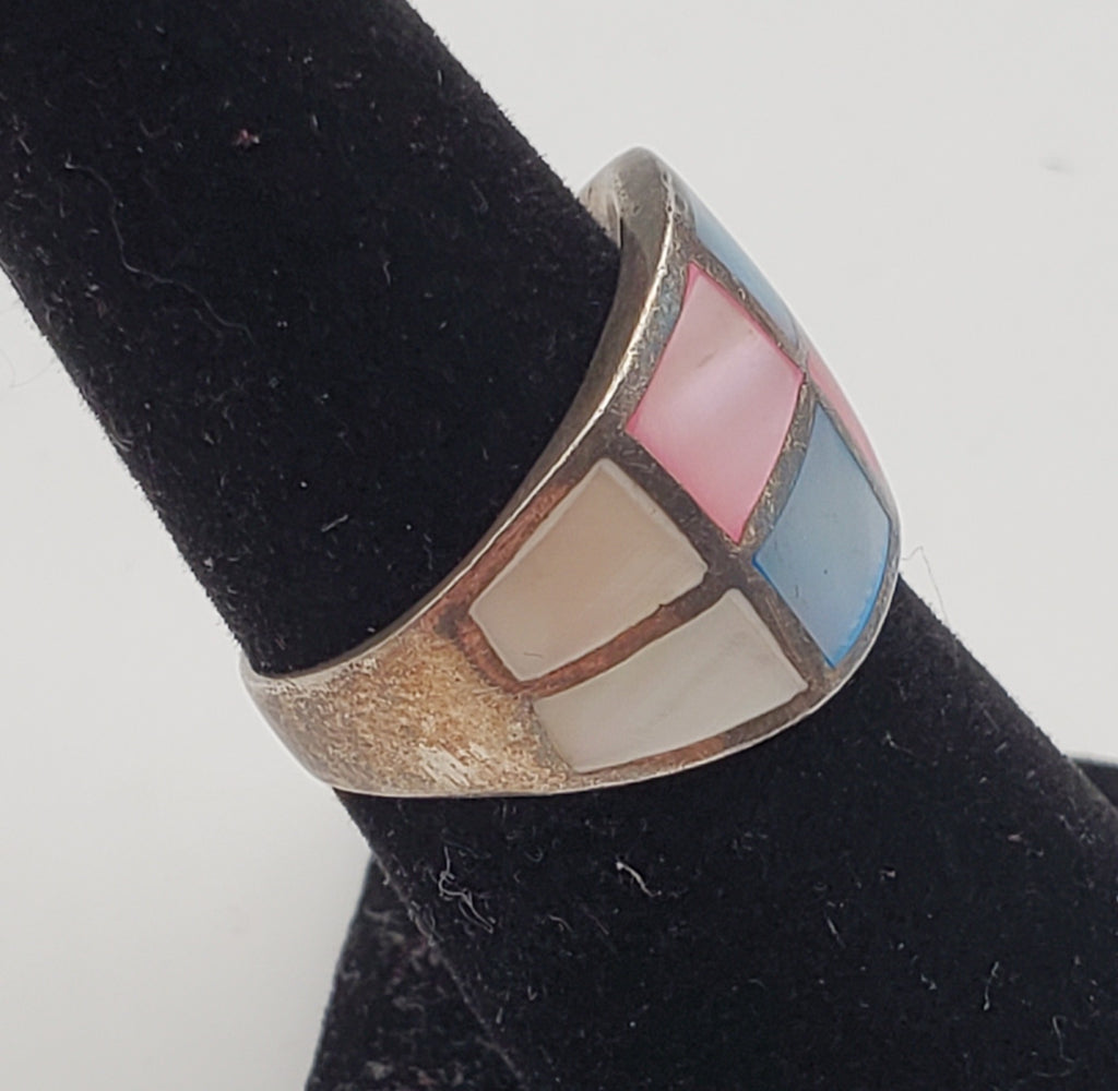 Multicolor Mother-of-pearl Sterling Silver Inlaid Ring - Size 6.5
