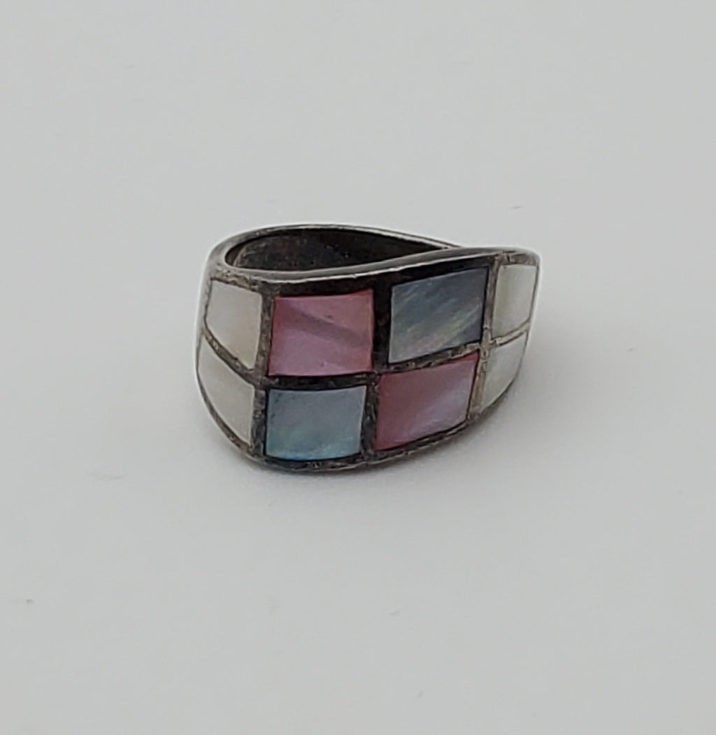 Multicolor Mother-of-pearl Sterling Silver Inlaid Ring - Size 6.5