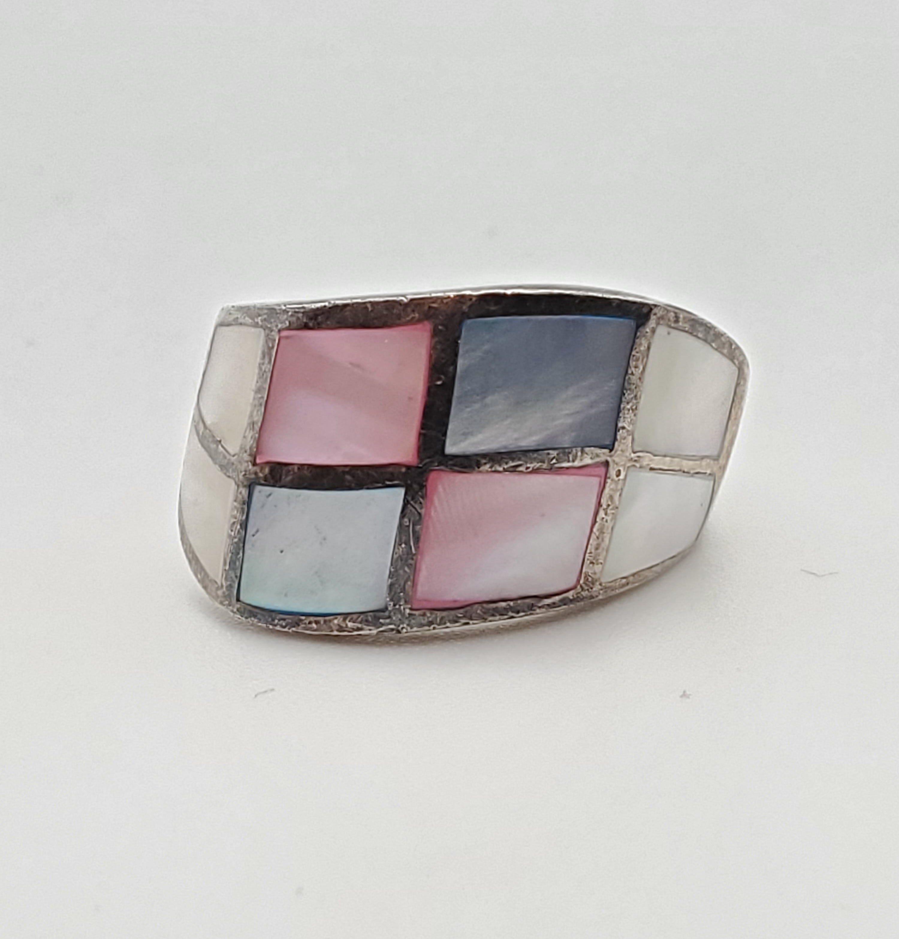 Multicolor Mother-of-pearl Sterling Silver Inlaid Ring - Size 6.5