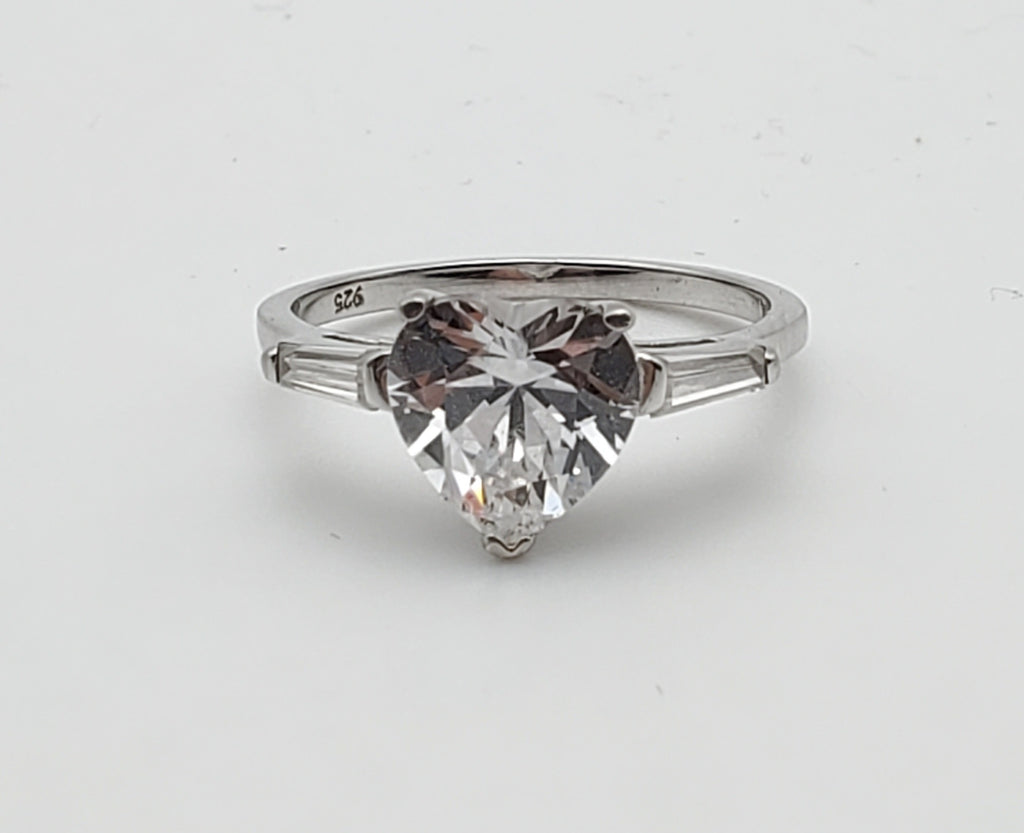 Heart Cut Crystal Glass Sterling Silver Ring - Size 6
