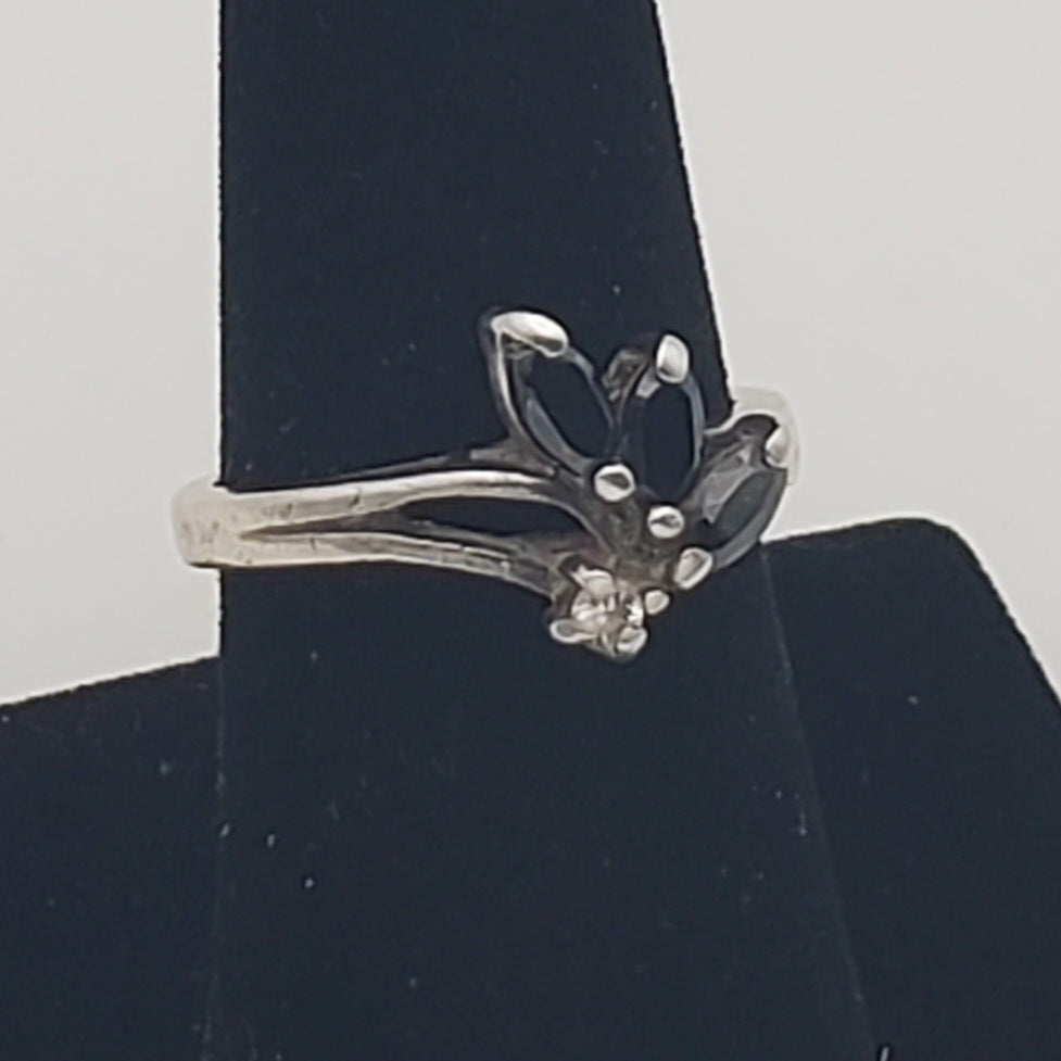 Black Marquise Glass Sterling Silver Ring - Size 7.5