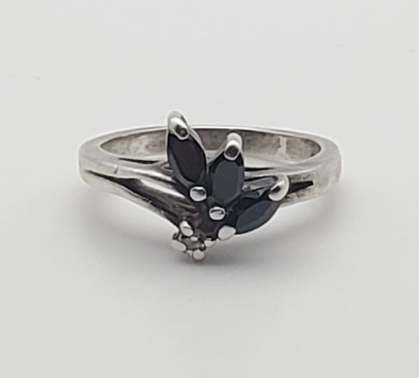 Black Marquise Glass Sterling Silver Ring - Size 7.5