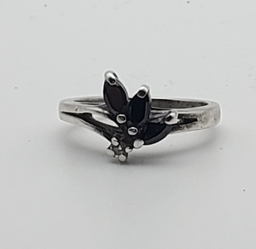 Black Marquise Glass Sterling Silver Ring - Size 7.5