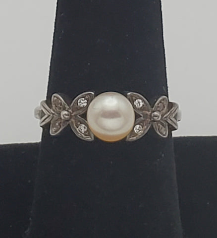Vintage Pearl Sterling Silver Ring with Removable Size Adjuster - Size 7 - 9