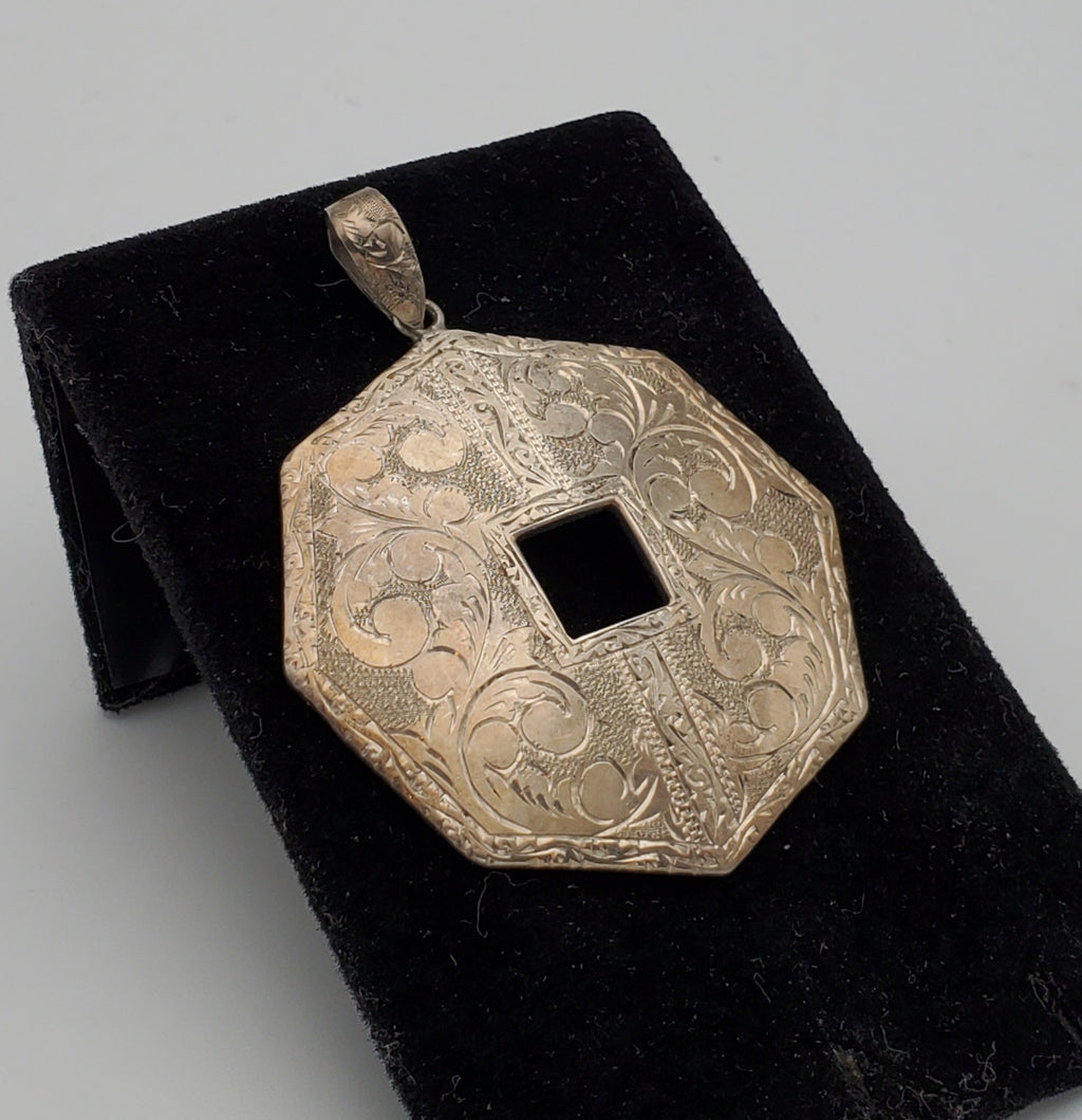 Vintage Heavy Sterling Silver Octagonal Engraved Design Pendant