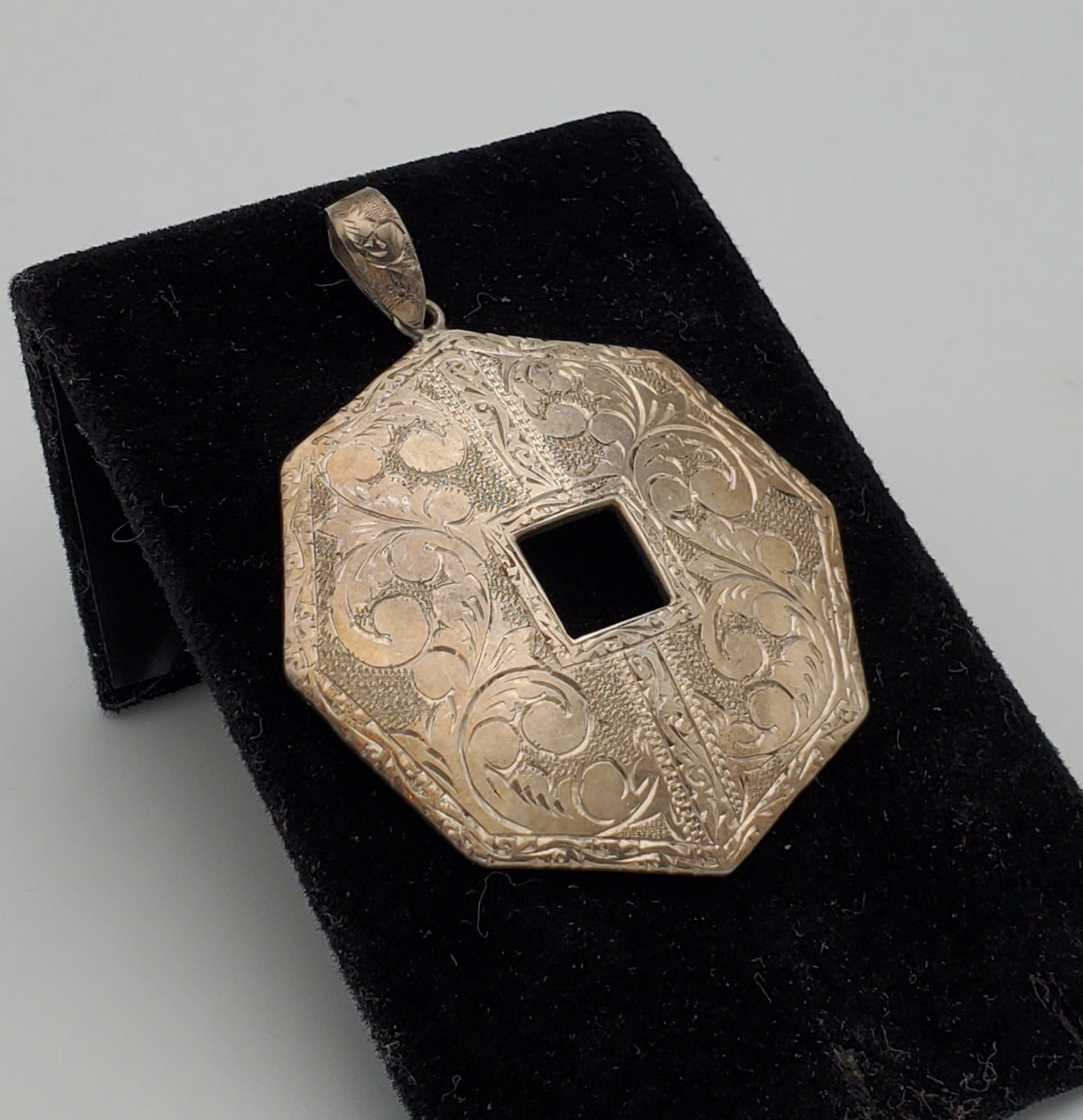 Vintage Heavy Sterling Silver Octagonal Engraved Design Pendant