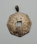 Vintage Heavy Sterling Silver Octagonal Engraved Design Pendant