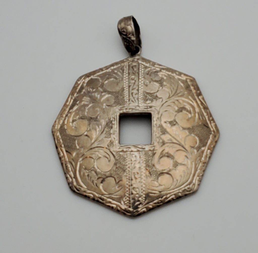 Vintage Heavy Sterling Silver Octagonal Engraved Design Pendant