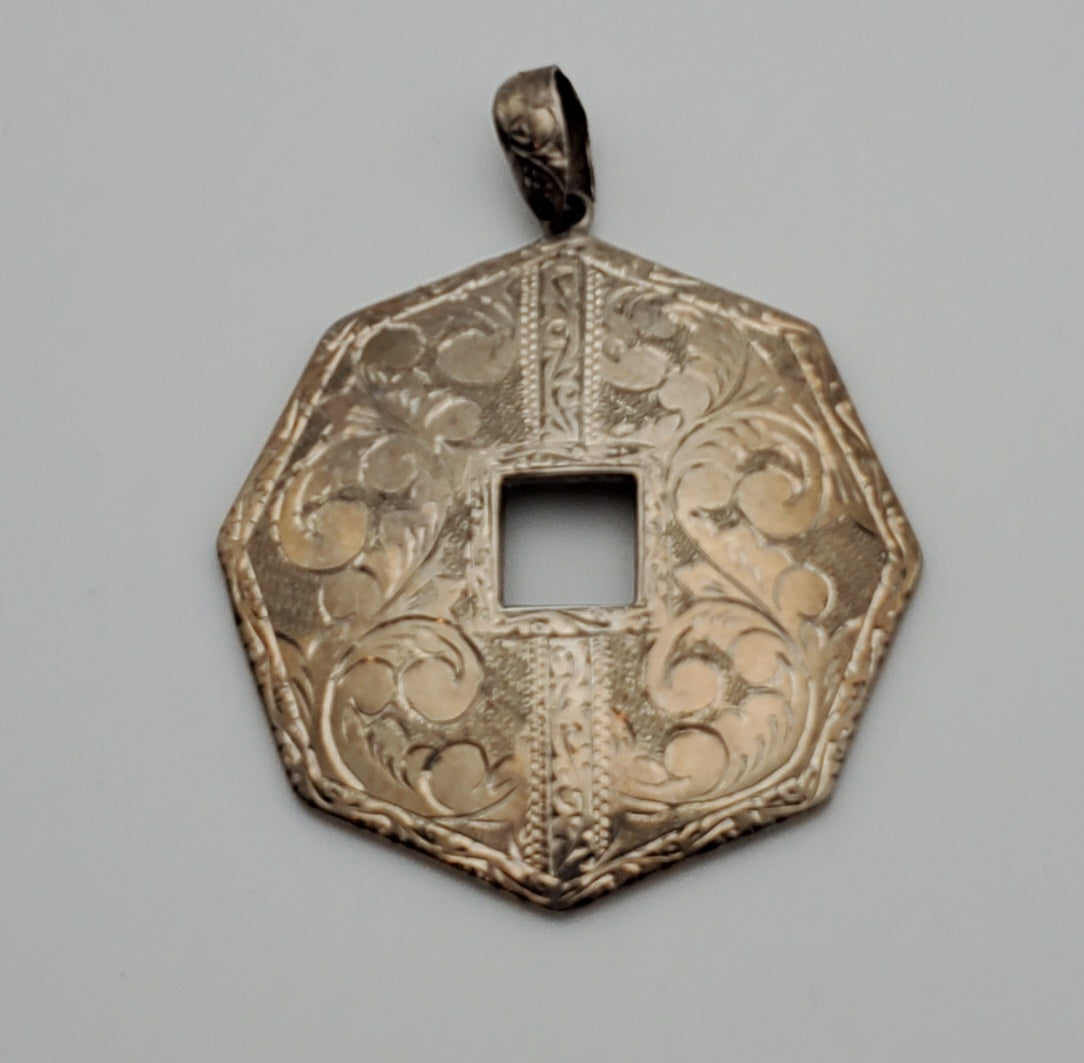 Vintage Heavy Sterling Silver Octagonal Engraved Design Pendant
