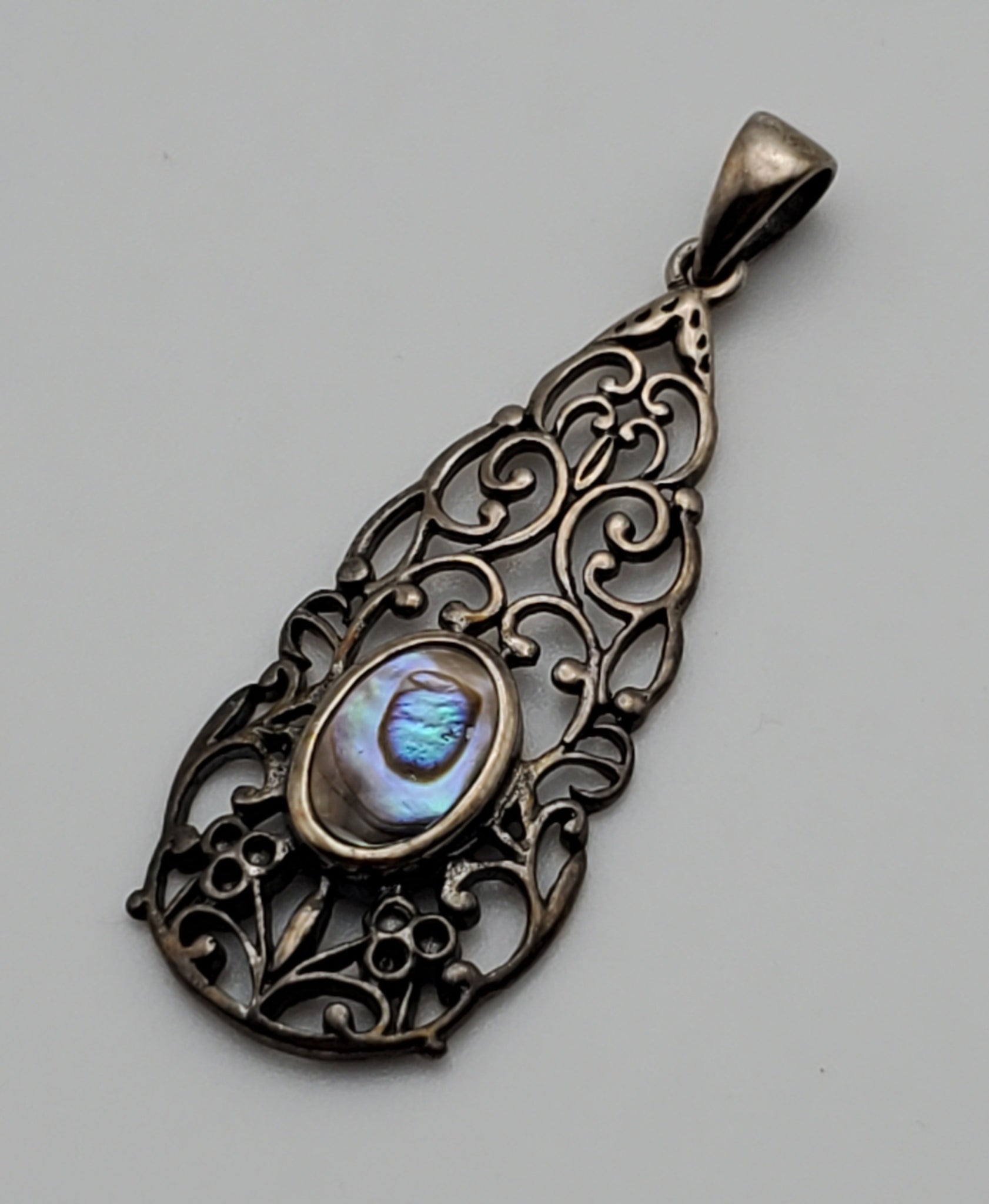 Vintage Abalone Shell Sterling silver Pierced Design Pendant