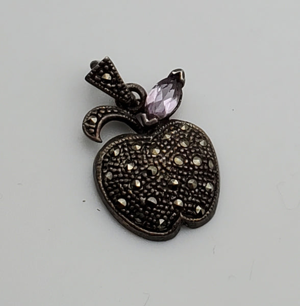 Vintage Sterling Silver Apple Pendant with Amethyst and Marcasite