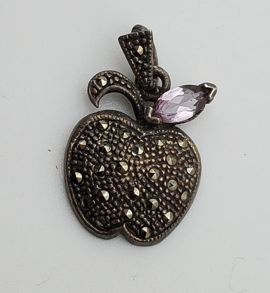 Vintage Sterling Silver Apple Pendant with Amethyst and Marcasite