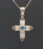 Blue Topaz, Mother of Pearl, Enamel Cross Pendant on Sterling Silver Chain Necklace - 18"