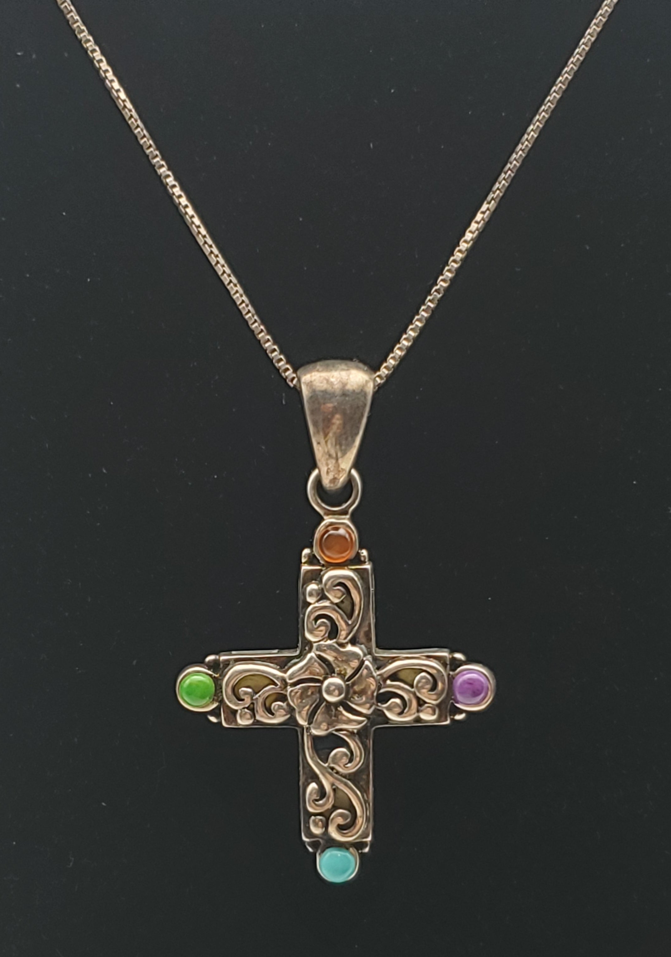Blue Topaz, Mother of Pearl, Enamel Cross Pendant on Sterling Silver Chain Necklace - 18"