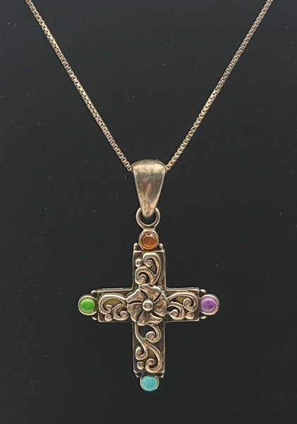 Blue Topaz, Mother of Pearl, Enamel Cross Pendant on Sterling Silver Chain Necklace - 18"