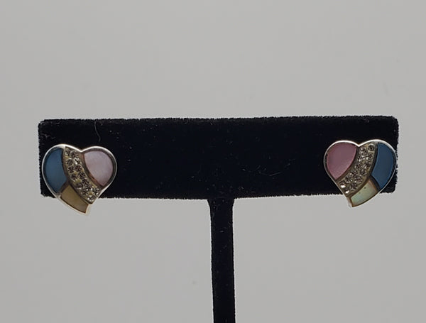 Vintage Sterling Silver Mother of Pearl Enamel and Rhinestone Heart Stud Earrings