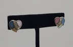 Vintage Sterling Silver Mother of Pearl Enamel and Rhinestone Heart Stud Earrings