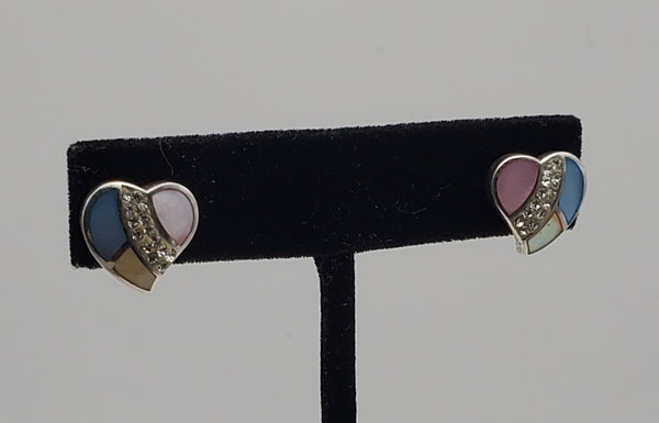 Vintage Sterling Silver Mother of Pearl Enamel and Rhinestone Heart Stud Earrings