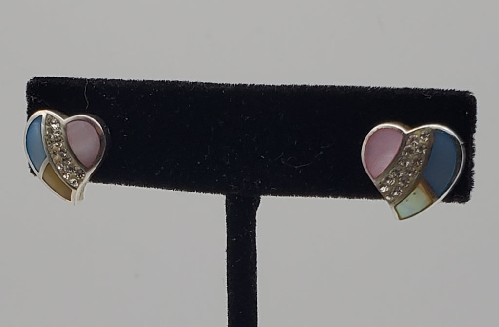 Vintage Sterling Silver Mother of Pearl Enamel and Rhinestone Heart Stud Earrings