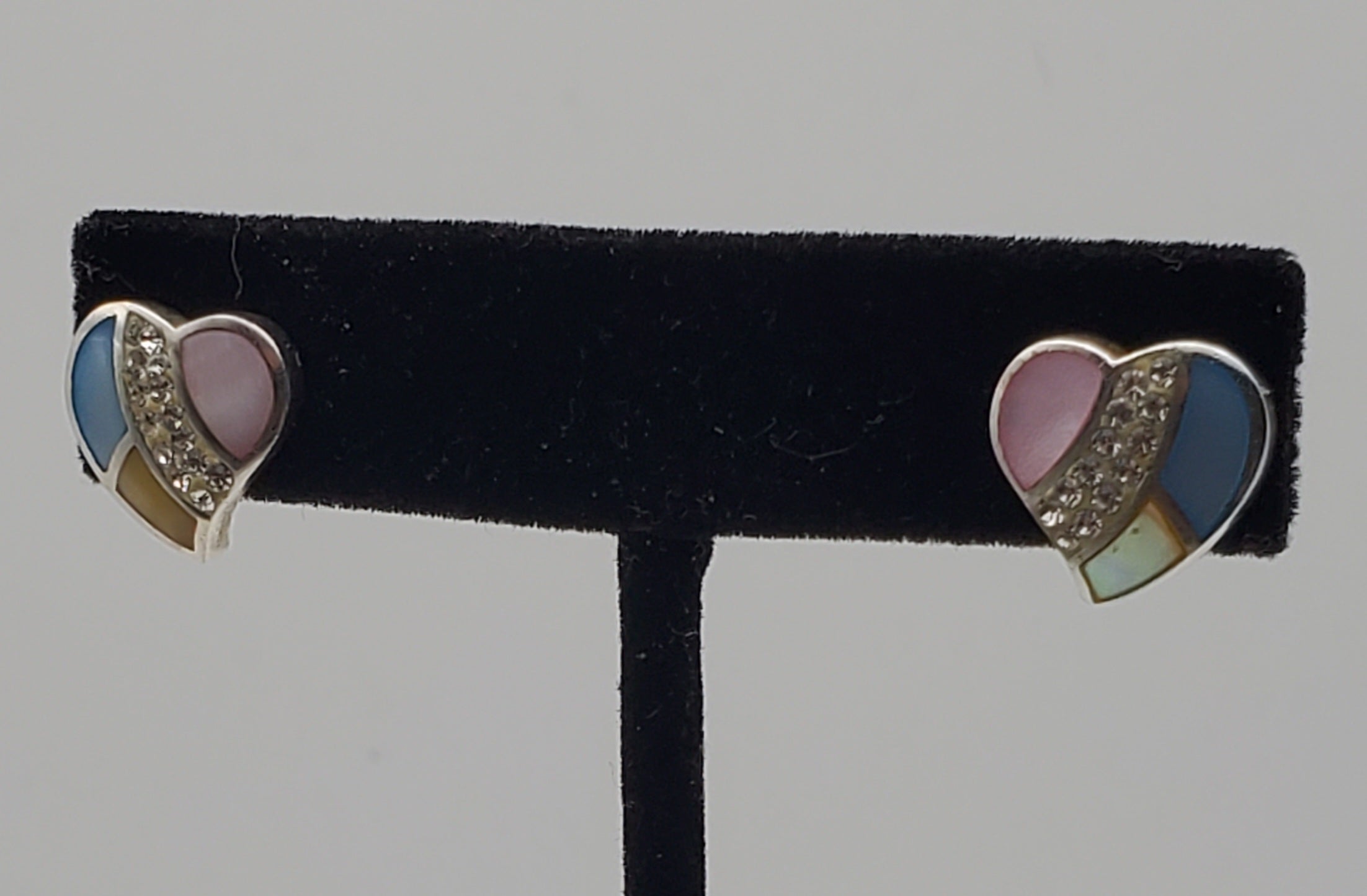 Vintage Sterling Silver Mother of Pearl Enamel and Rhinestone Heart Stud Earrings