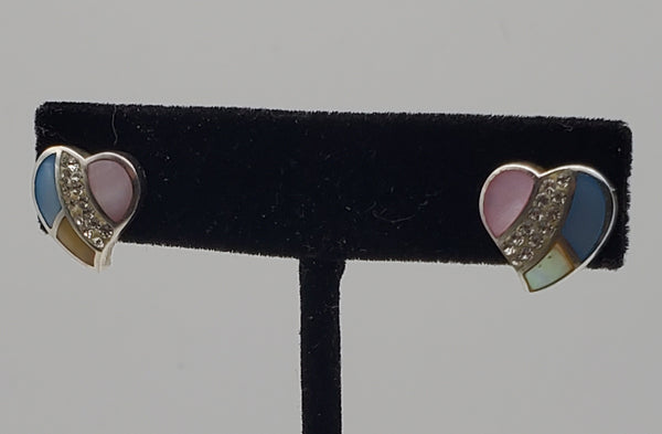 Vintage Sterling Silver Mother of Pearl Enamel and Rhinestone Heart Stud Earrings