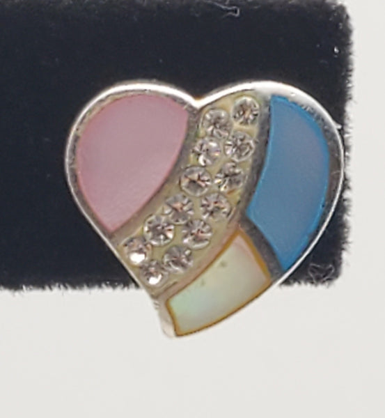 Vintage Sterling Silver Mother of Pearl Enamel and Rhinestone Heart Stud Earrings