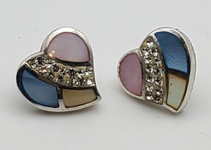 Vintage Sterling Silver Mother of Pearl Enamel and Rhinestone Heart Stud Earrings