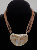 Vintage Mosaic Mother of Pearl Breast Plate Pendant Ribbon Necklace