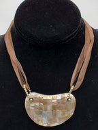 Vintage Mosaic Mother of Pearl Breast Plate Pendant Ribbon Necklace