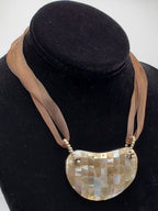 Vintage Mosaic Mother of Pearl Breast Plate Pendant Ribbon Necklace