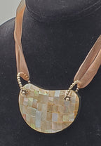 Vintage Mosaic Mother of Pearl Breast Plate Pendant Ribbon Necklace