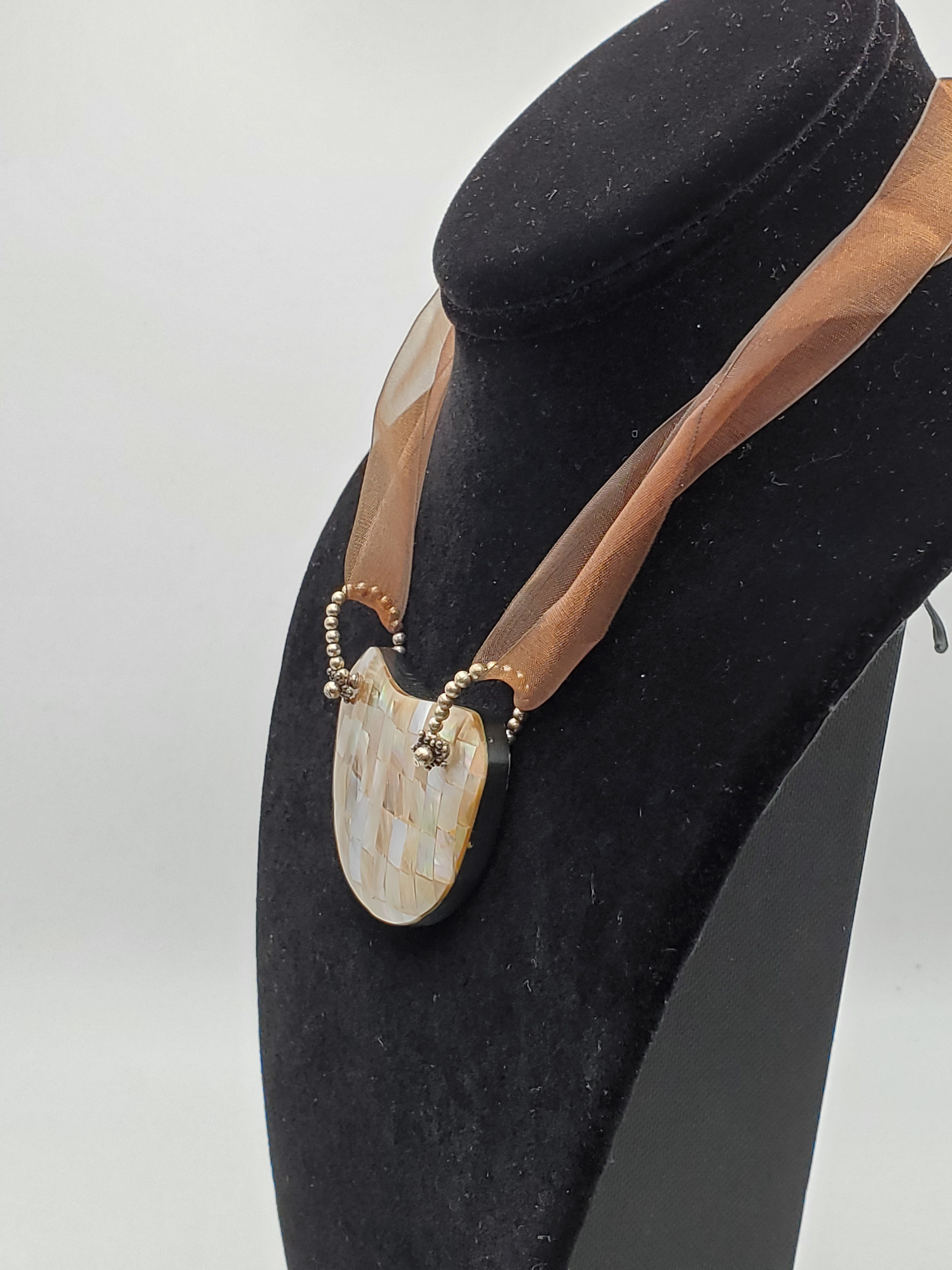 Vintage Mosaic Mother of Pearl Breast Plate Pendant Ribbon Necklace