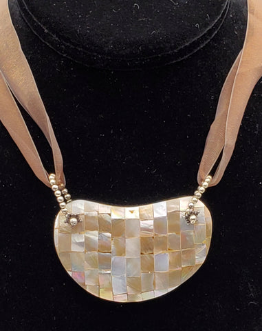 Vintage Mosaic Mother of Pearl Breast Plate Pendant Ribbon Necklace