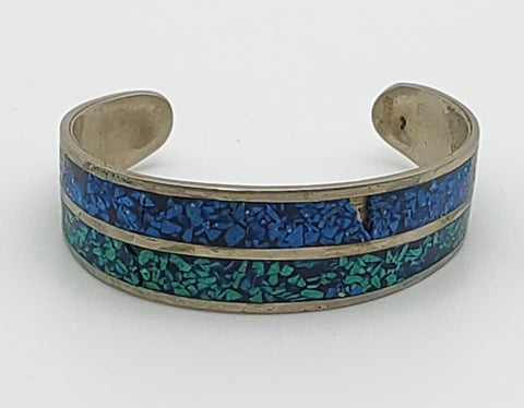 DAMAGED Vintage Cuff Bracelet with Inlaid Green and Blue Crushed Stone