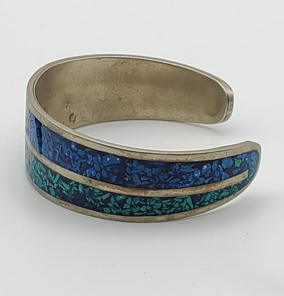 DAMAGED Vintage Cuff Bracelet with Inlaid Green and Blue Crushed Stone