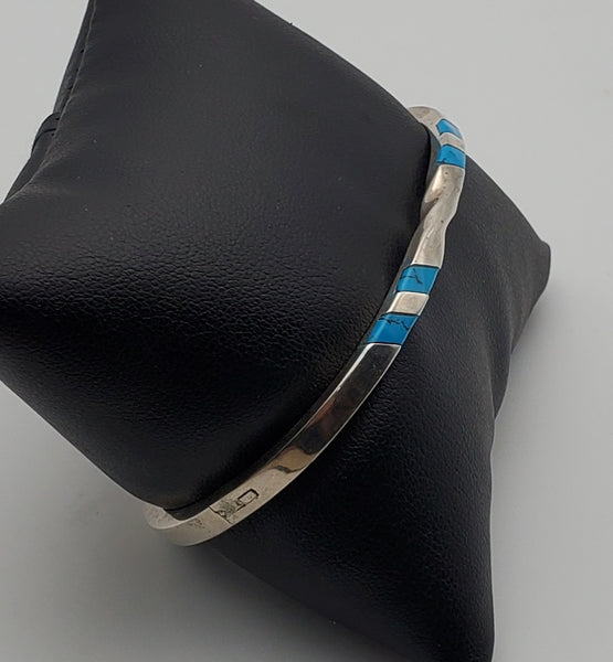 Vintage Inlaid Turquoise Hinged Sterling Silver Bangle Bracelet