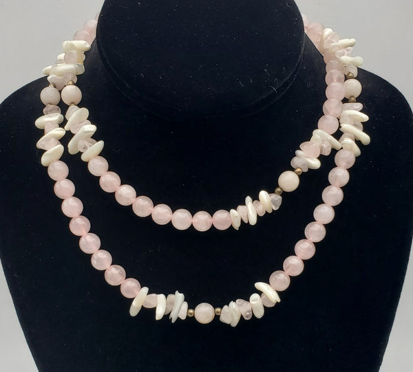 Rose Quartz and Shell Bead Necklace - 32"