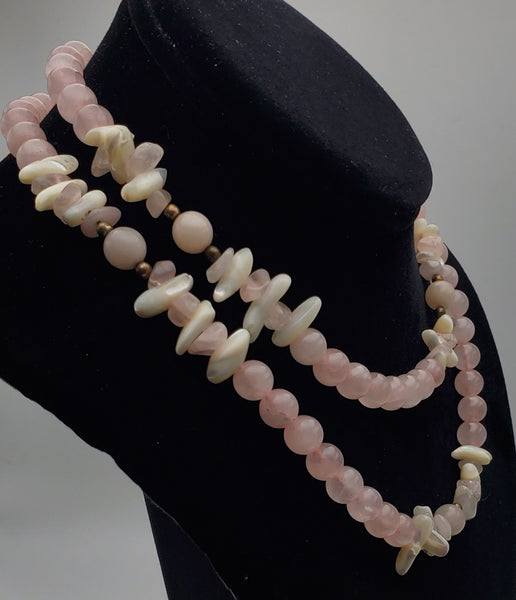 Rose Quartz and Shell Bead Necklace - 32"